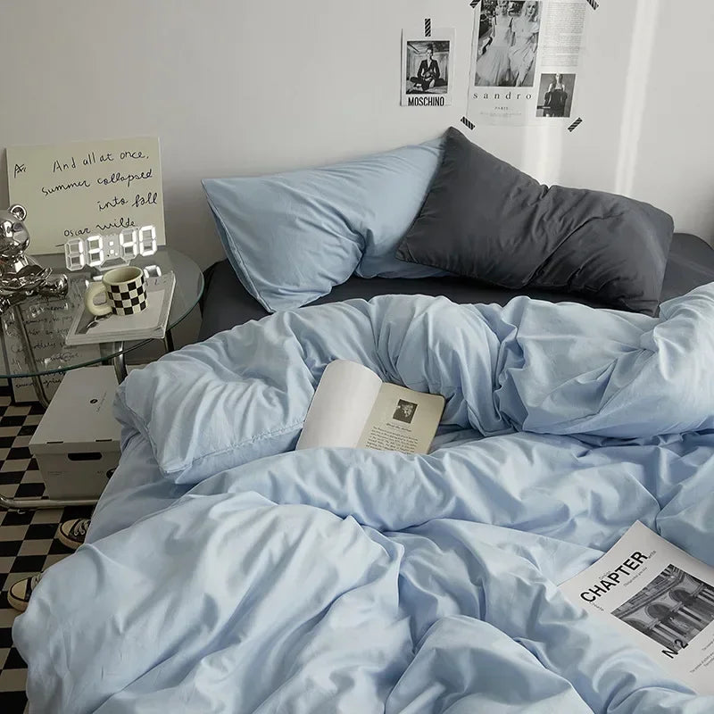 Solid Color Double Washed Cotton Bedding 4 Pieces Set Student Dormitory Bed Linen Duvet Set Bed Suit