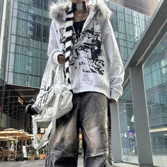 Korean Sweatshirts Harajuku Gothic Printed Coats Jackets Subculture Vintage Faux Fur Hooded Casual Y2k Clothing