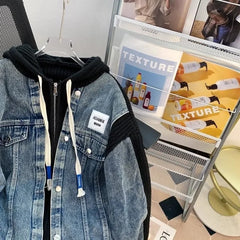 Loose Lazy Style Denim Patchwork Hoodie Outerwear Sweater Jacket Korean Version Casual Coat