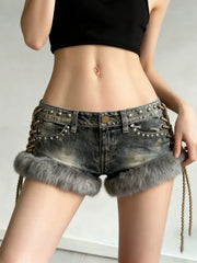 Y2k Spice Girl Washed Retro Fluff Splicing Rivet Denim Shorts Low Waist Wide Leg Pants