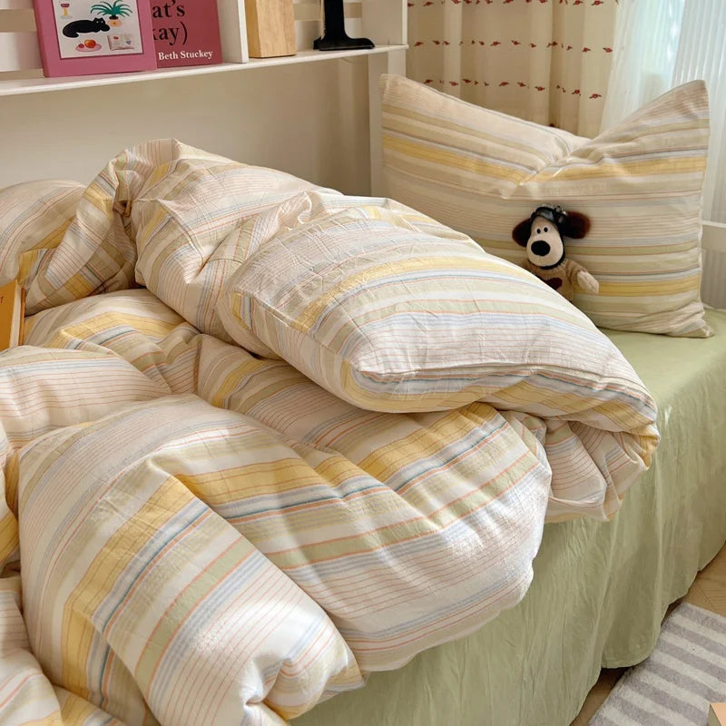 Bedding Set Double Layered Yarn INS Girls Mushroom Soft Washed Cotton Bed Sheet Queen King Size Duvet Set Pillowcase Bed Sheet