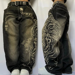 Y2K American Tiger Print Loose Jeans High Street Harajuku Wind Trend Casual Joker High Waist Wide Leg Pants