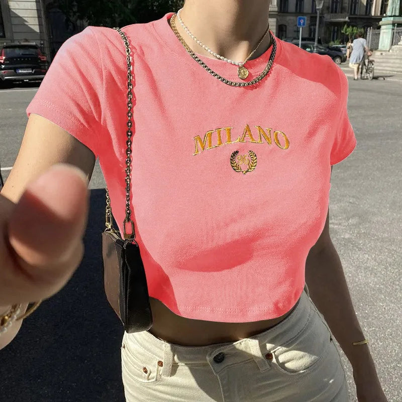 T-shirt Clothese Short Sleeve Black Crop Top Harajuku Letter Embroidery T Shirt O-Neck Cropped Tops