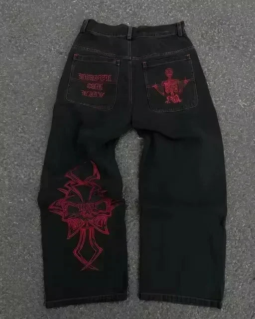 American Apple Jeans Y2K Clothes Harajuku Gothic Hip Hop Letter Pocket Embroidery Baggy Jeans High Waist Slim Fit Trousers