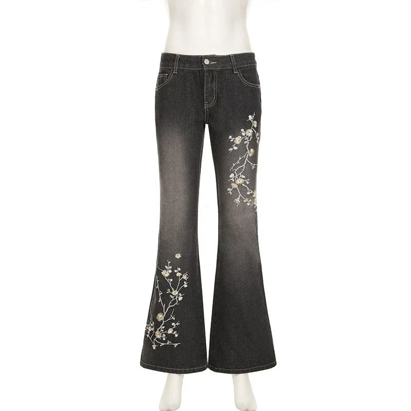 Floral Embroidery Jeans Vintage 2000s Low Rise Flared Jeans Retro Y2k Baggy Denim Pants High Street Basic Trousers
