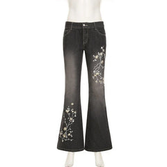 Floral Embroidery Jeans Vintage 2000s Low Rise Flared Jeans Retro Y2k Baggy Denim Pants High Street Basic Trousers