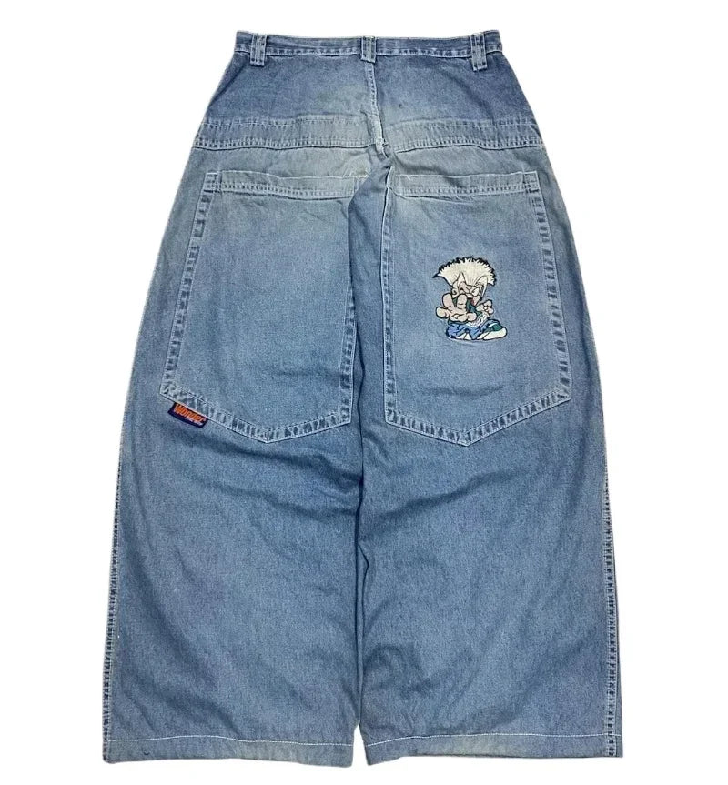 American Hip Hop Retro Gothic Print Jeans Y2K Street Selling Loose Straight Wide Leg Pants Unisex Joker Jeans