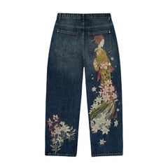 Harajuku Flower Embroidery Baggy washed jeans Y2K Vintage 2000s streetwear American Gothic Pants wide leg pants