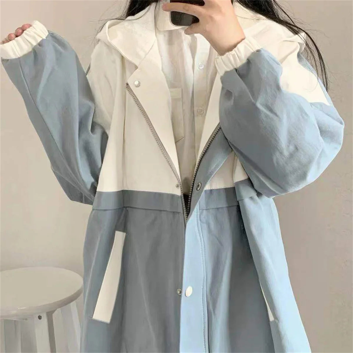 Cute Charm Outdoors Oversized Blue Series Hoodie Button Street Clothing Retro Simple Pullover Sweatshirt