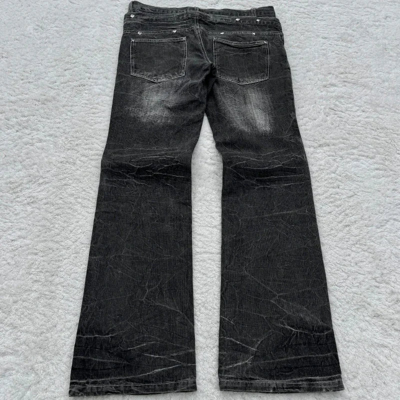 Y2K High Waisted Jeans vintage Embroidery Double Waisted Lace Up Jeans Goth Design Sense Trousers streetwear