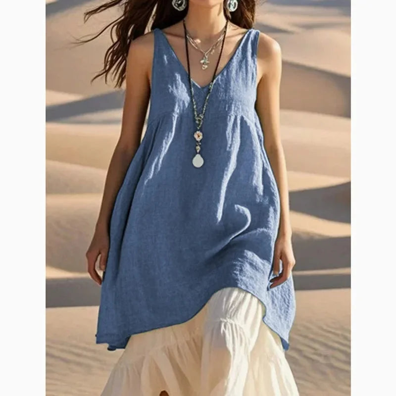 V-Neck Sleeveless Cotton Linen Beach Dress Loose Waist Midi Dress Comfortable Breathable Dress