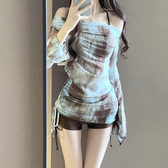 Korean Sports Three-Piece Multi-Color Printing Sling Low-Cut High-Waist Body Suit Shorts Side Drawstring Sweet Swimsuit