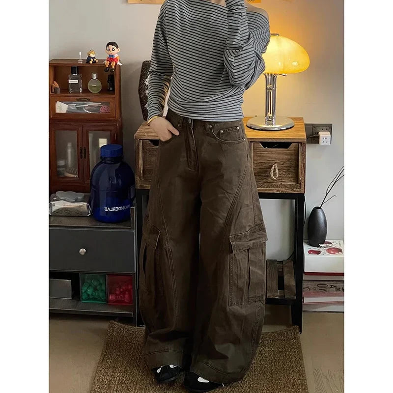American Vintage High Waist Brown Jeans Baggy Y2K Wide Leg Denim Trouser Clothes