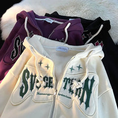 American Style Flocking Letter Embroidery Cardigan Hooded Sweater Plus Fleece Loose Trendy Couple Jacket