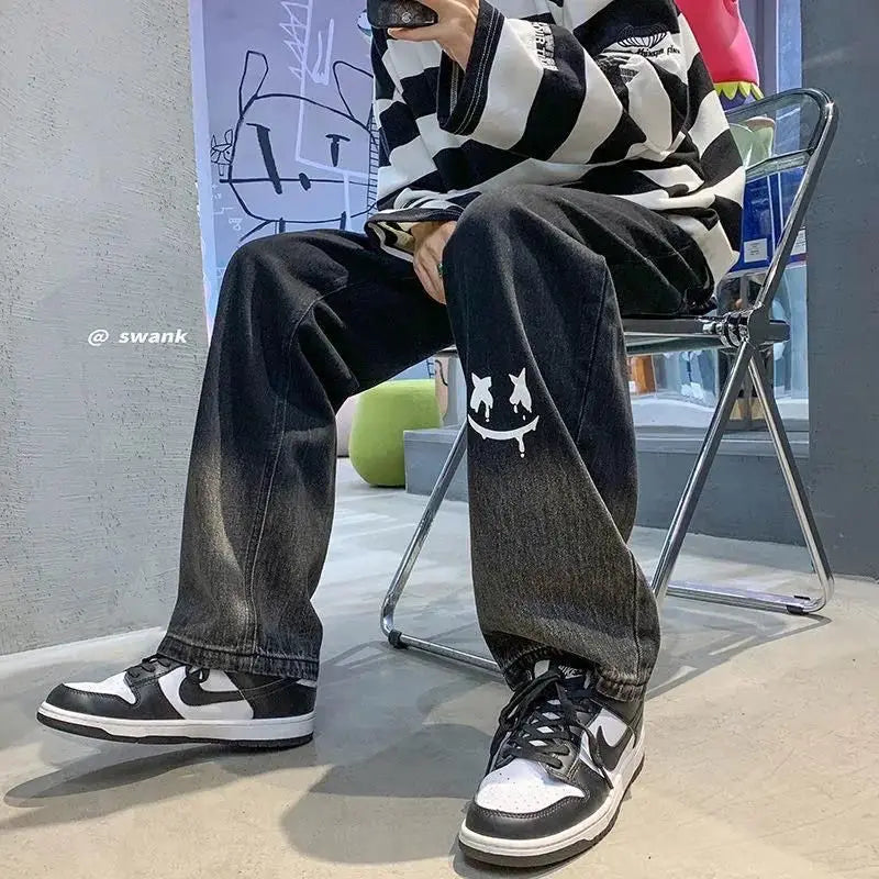 Harajuku Smile Print Baggy Pants Streetwear Wide Leg Oversize Jeans Vintage Y2k Straight Long Trousers Male