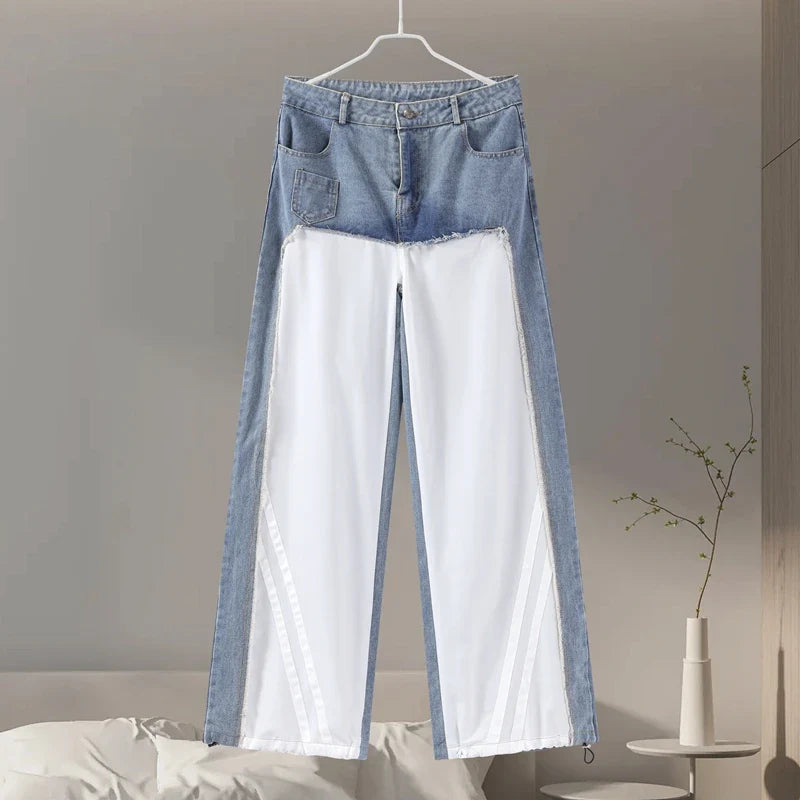 Denim Patchwork Trousers High Waist Contrast Color Striped Straight Sports Wide Leg Pants Street Lady Pants