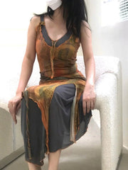 Harajuku Irregular Y2k Vestidos Korean Fairy Elegant Sleeveless Dresses Personality Vintage Print Dress
