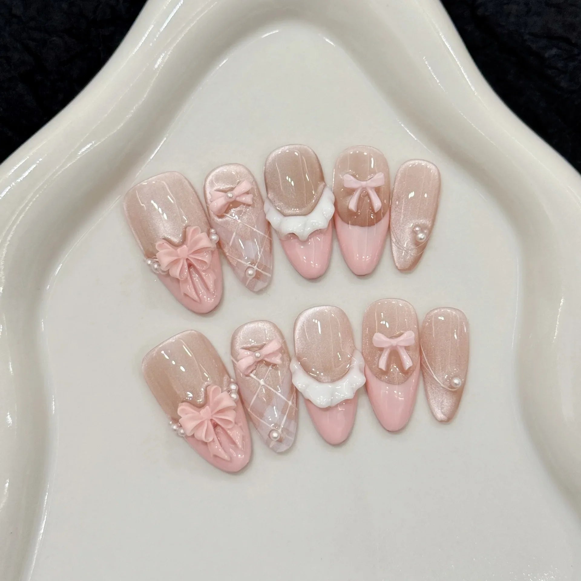 10pcs Handmade Press on Nails French Cat Eye Pink Bow Decor Korean False Nails Wearable Full Cover Ins Almond False Nail Tips