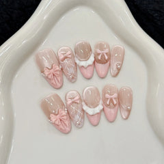 10pcs Handmade Press on Nails French Cat Eye Pink Bow Decor Korean False Nails Wearable Full Cover Ins Almond False Nail Tips