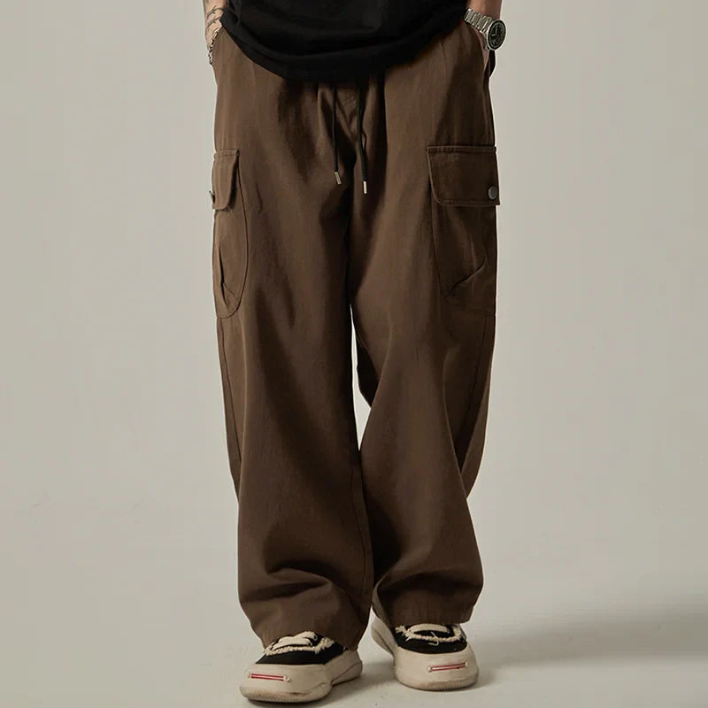 Sweatpants Vintage Japanese Wide Leg Straight Loose Button Big Pockets Cargo Pants Drawstring Trousers