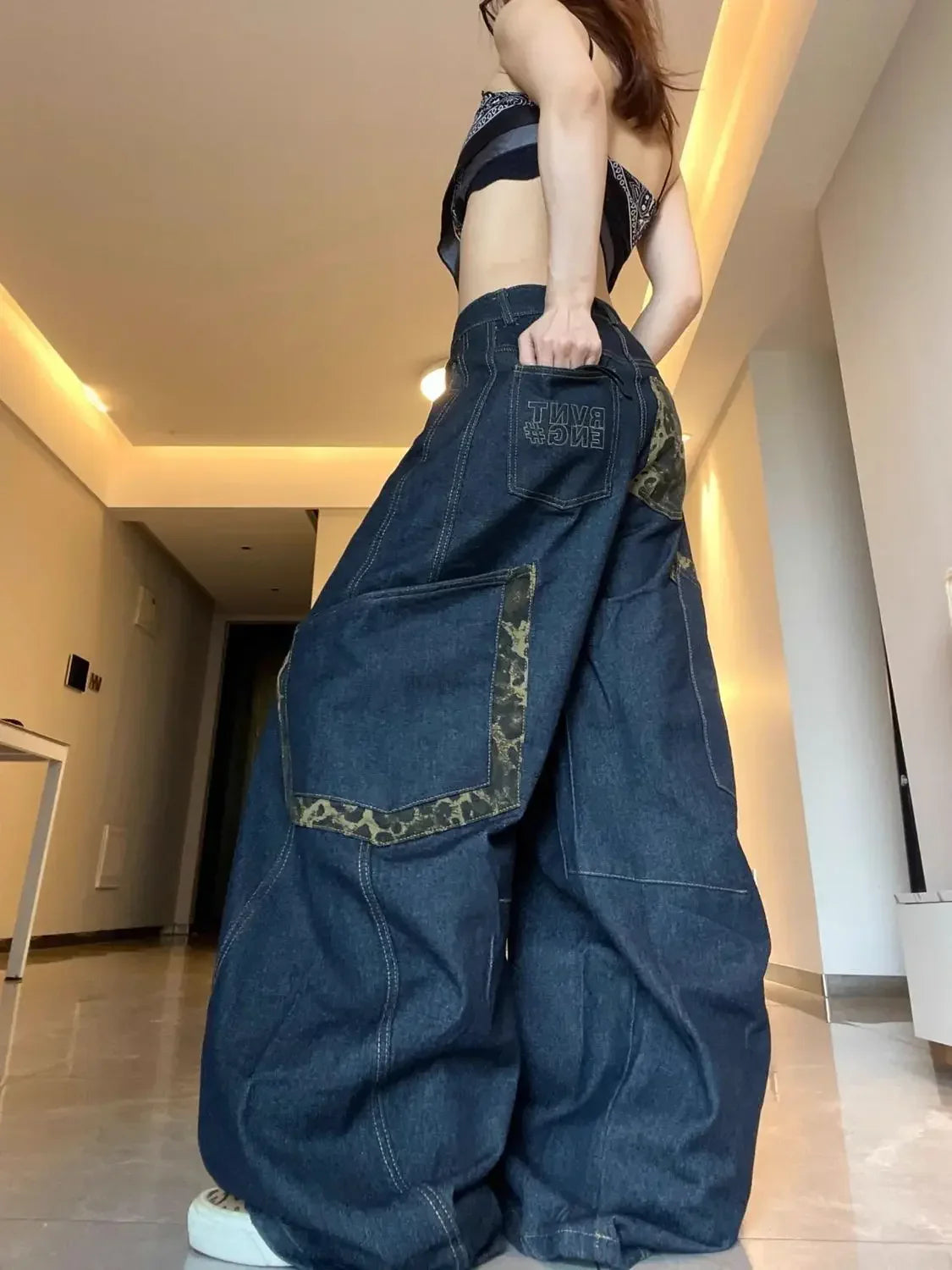 Deeptown Y2K Retro Jeans Big Pocket Scimitar Leopard Wide Leg Denim Cargo Pants Harajuku Baggy Streetwear Trousers