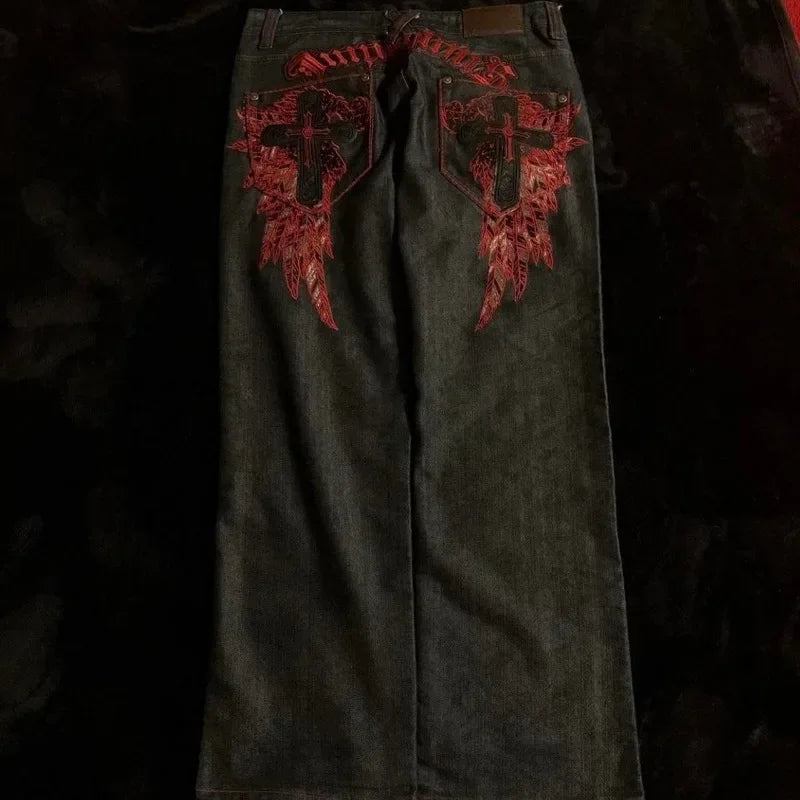 High Street Gothic Embroidered Black Red Pattern Y2K High Waist Jeans American Retro Street Couple Casual Pants