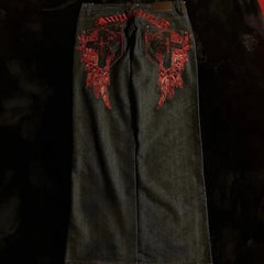 High Street Gothic Embroidered Black Red Pattern Y2K High Waist Jeans American Retro Street Couple Casual Pants