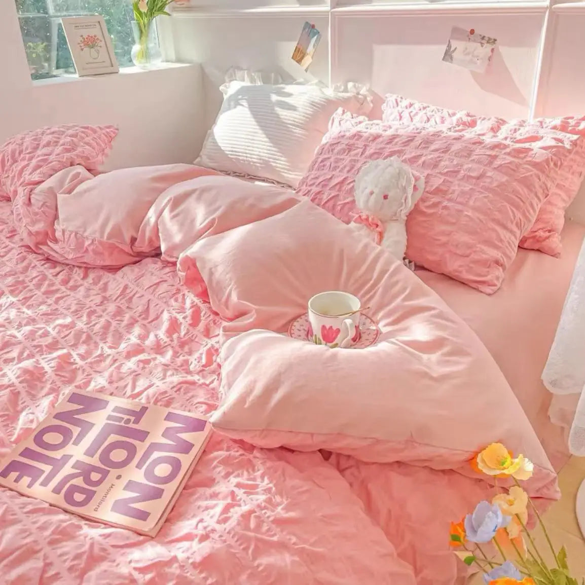 Princess Bedding Set French Style Wash Cotton Solid Color Seersucker SoftBed Sheet Set Comforter Set