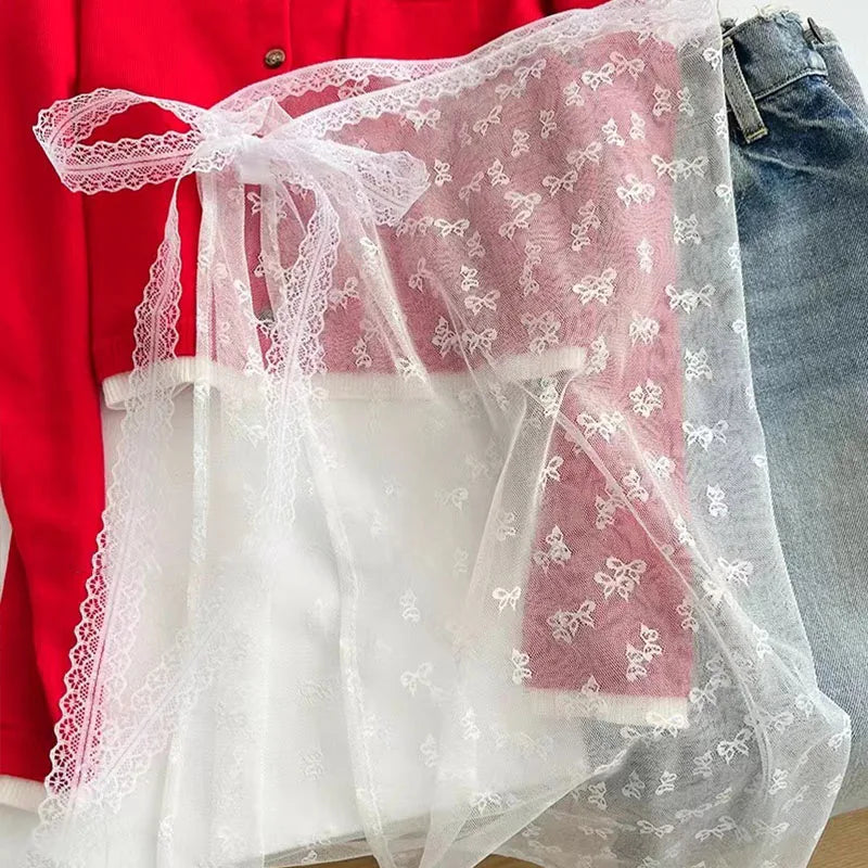 Korean Lace Irregular Skirt Curtain White Flowers Lace Mesh Halfbody Skirt Bottoms Jeans Decorative Hemline