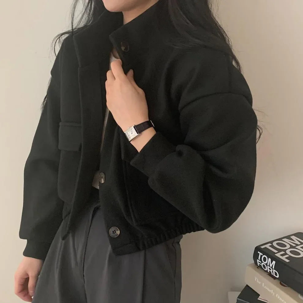 Loose Woolen Coat Large Size with Pockets Small Stand Collar Long Sleeve Button Hong Style Clothing
