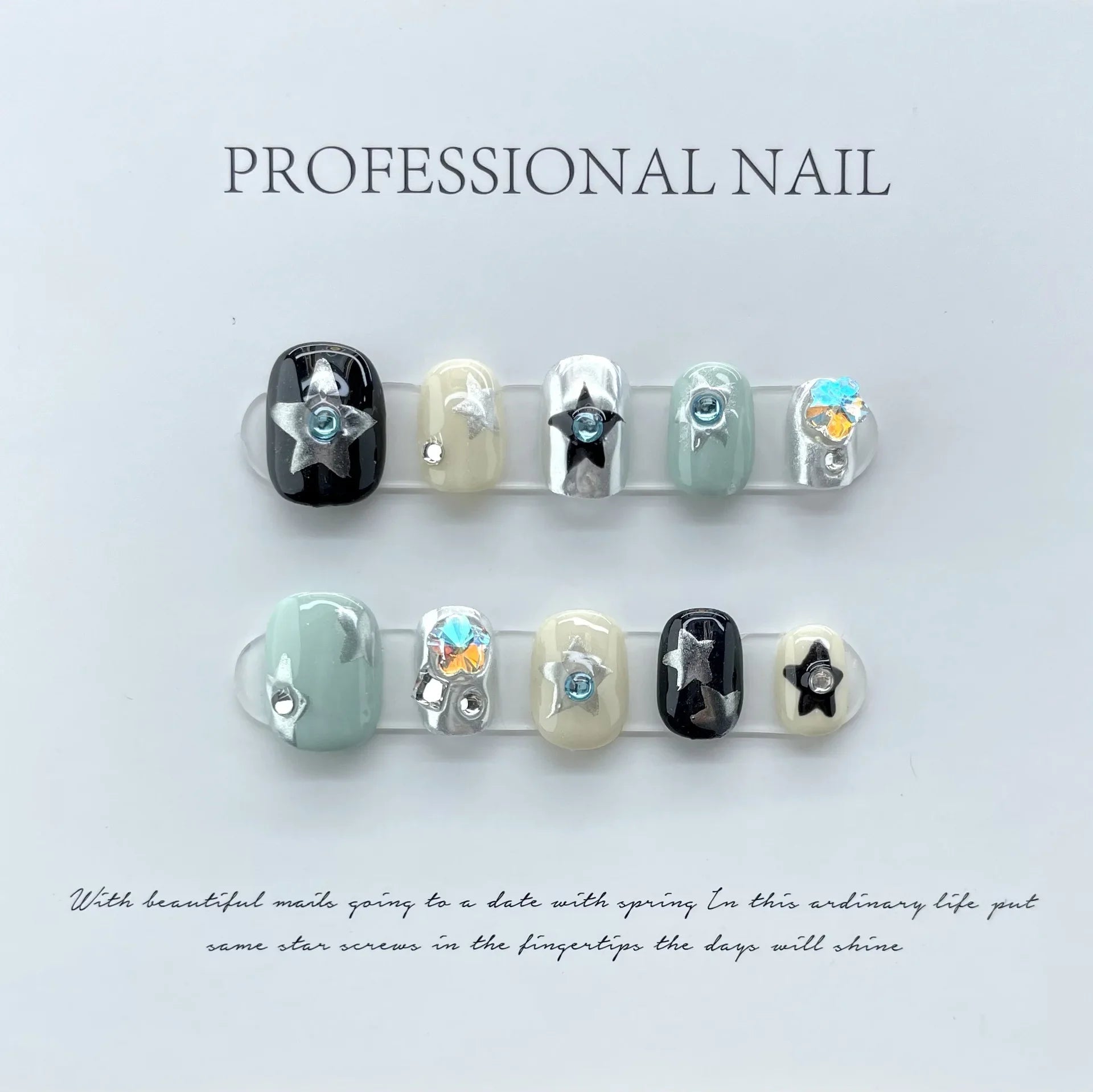10Pcs Cute Handmade Press on Nails Short Korean Fake Nails with 3D Star Moon Nail Art Rhinestone Heart Artifical False Nails Art