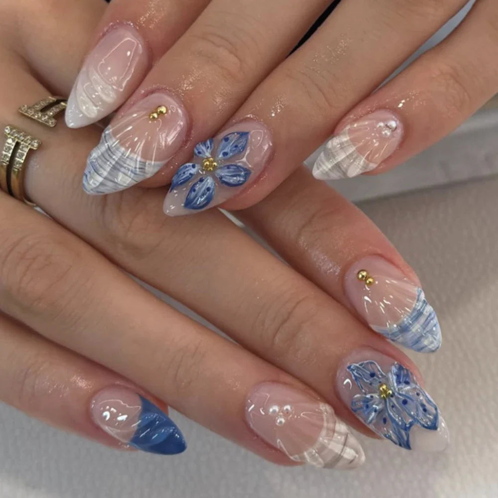 Blue White French 3D Flower Shell Nail Art Beach Almond False Nails Detachable Finished Fake Nails Press on Nails