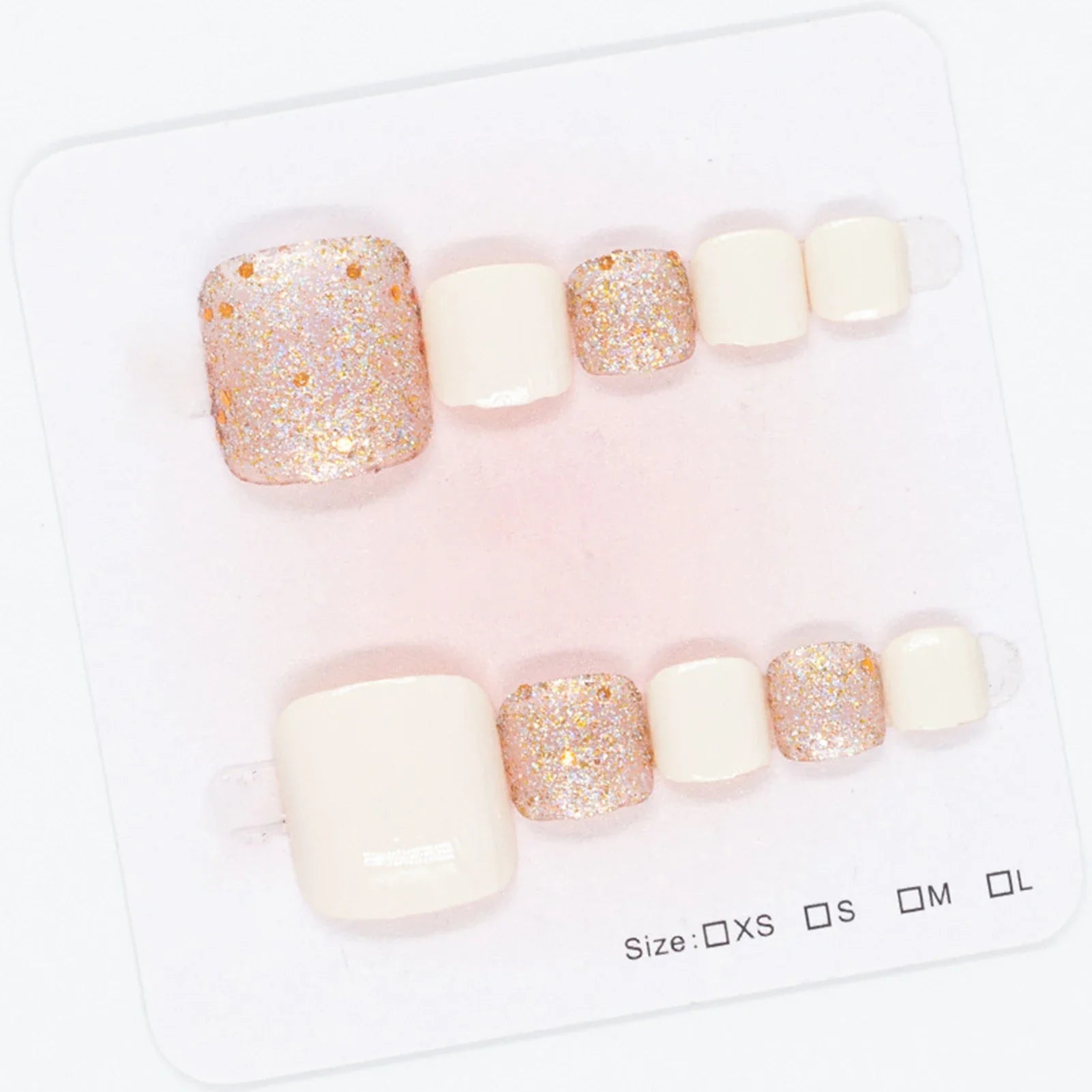 24Pcs Fake Toenails White Short Square Press On Toe Nails Glossy Sequins Designs Girls Acrylic False Nails Art