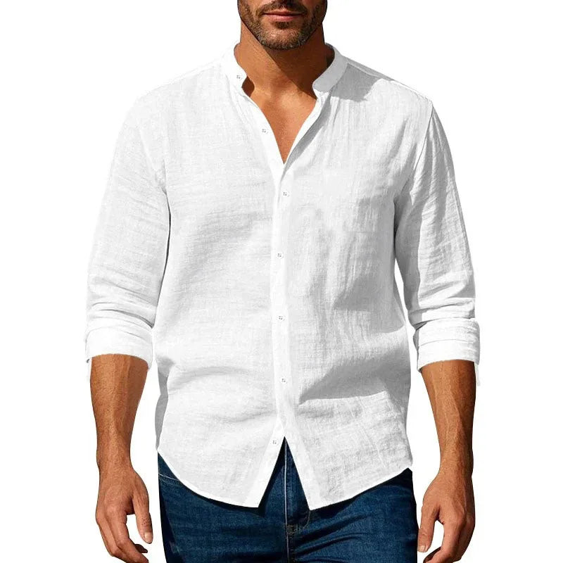 Chemise en coton et lin pour hommes, col Henley, couleur unie, légère, respirante, coupe cintrée, simple boutonnage, manches longues, boutonnée