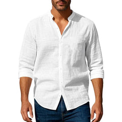 Chemise en coton et lin pour hommes, col Henley, couleur unie, légère, respirante, coupe cintrée, simple boutonnage, manches longues, boutonnée