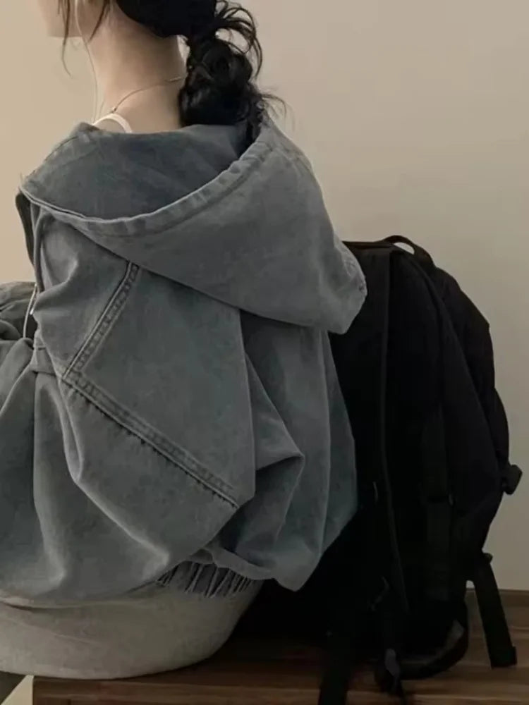 Short Denim Jacket Loose Long Sleeved Casual Fall Retro Zipper Design Hoodie Outerwear Versatile Outwear