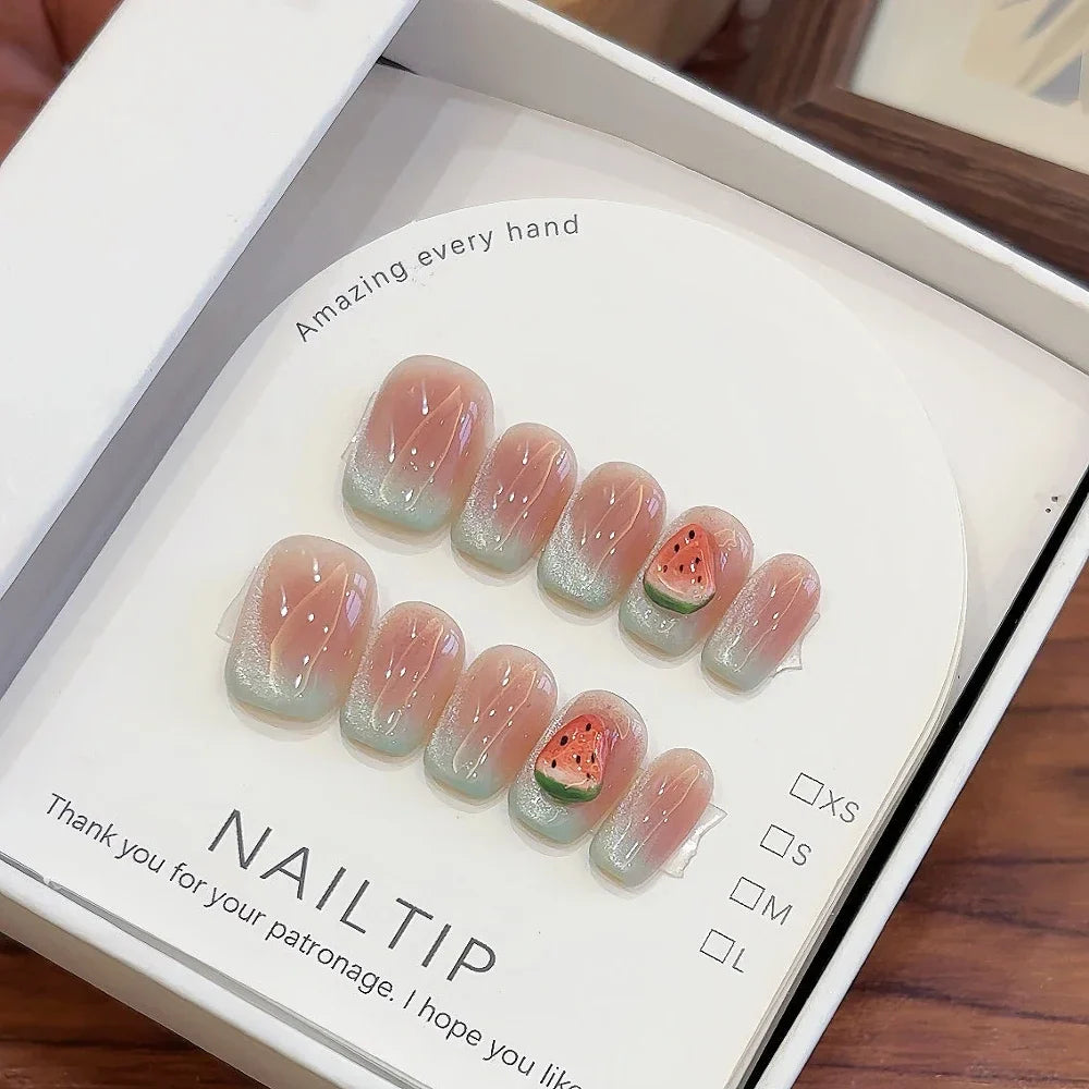 10Pcs Handmade Nude Color Press On Nails Sparkling Cat-Eye Cherry Star Marine Elements Sequins Cute Girlish Nail Suitable