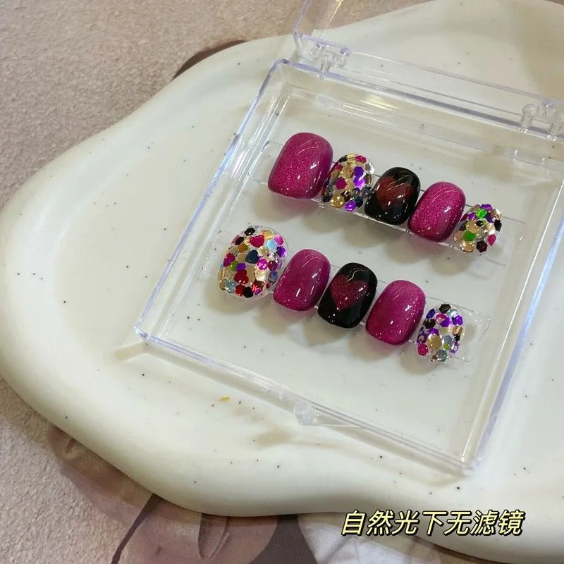 10pcs Handmade press on Nails Dragon Fruit Crystal Cat's Eye Glittering Heart Fake Nail