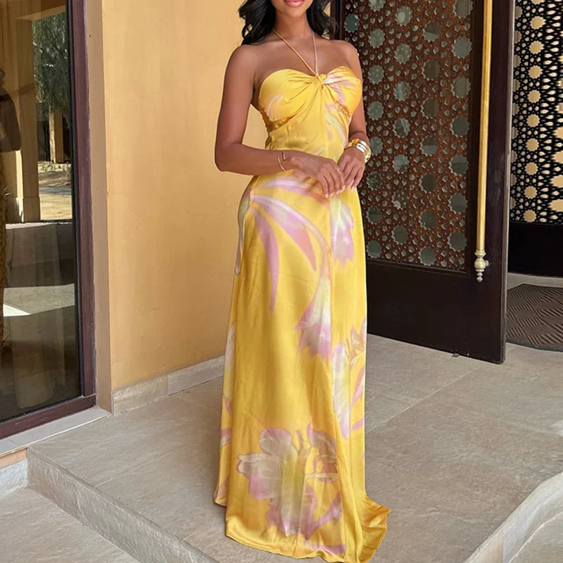 Yellow Printed Halter Satin Dress Hollow Off Shoulder Bohemian Dress Sleeveless Slim Party Long Dresses