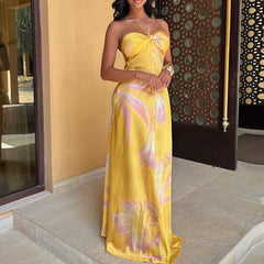 Yellow Printed Halter Satin Dress Hollow Off Shoulder Bohemian Dress Sleeveless Slim Party Long Dresses