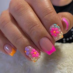 24Pcs Short Square Head Fake Nail Colorful Gradient with Design Simple Full Cover False Nail Wearable Press on Nails Tips