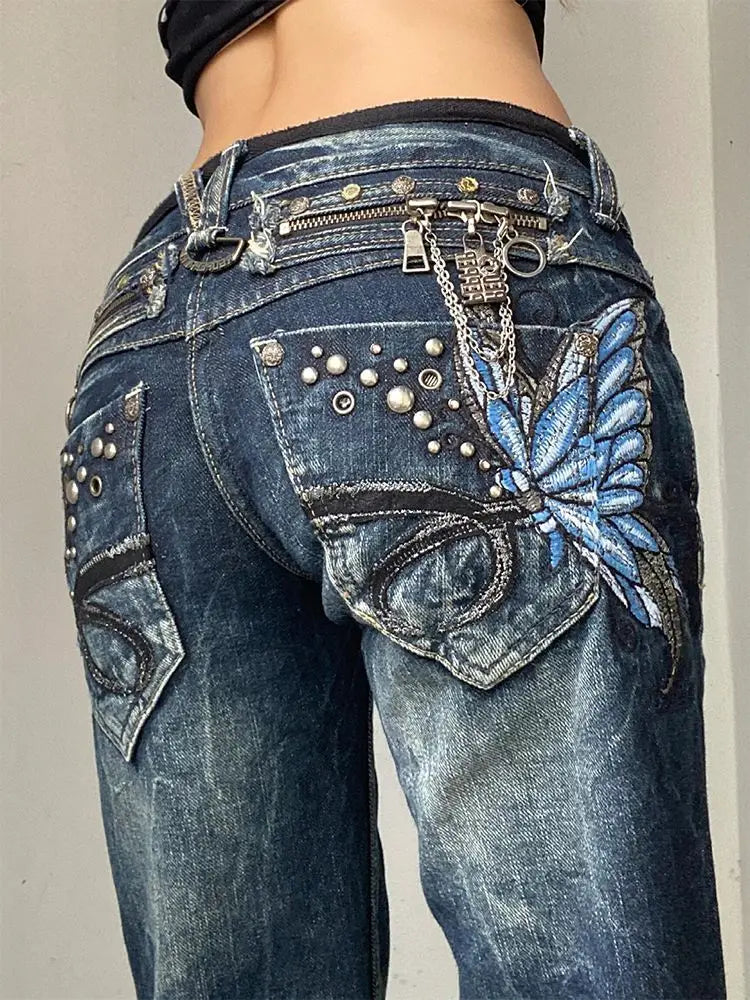 American High Street Large Size Butterfly Embroidered Jeans Y2K Millennium Harajuku Slim Flared Jeans