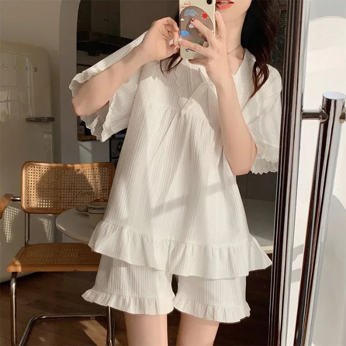 Palace Style Pajamas Ladies Loungewear Set Short-Sleeved with Cushion Korean Small Sweet Girlfriends Loungewear Set