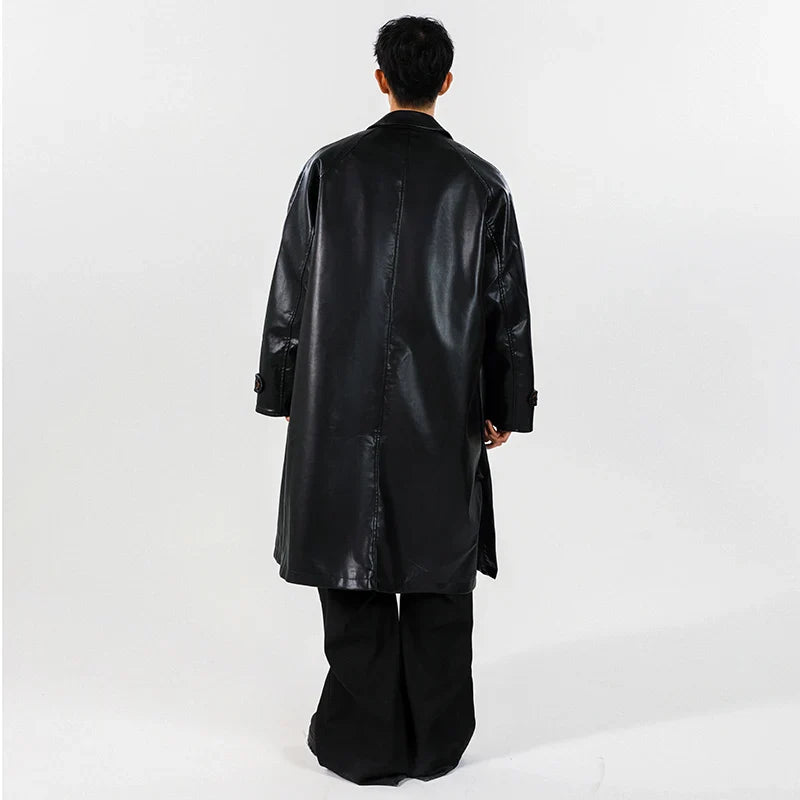Mens PU Trench Coat Windproof Long Outerwear Jacketable Trendy Leather Coat