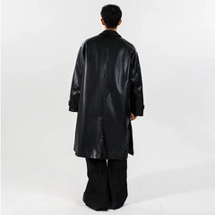 Mens PU Trench Coat Windproof Long Outerwear Jacketable Trendy Leather Coat