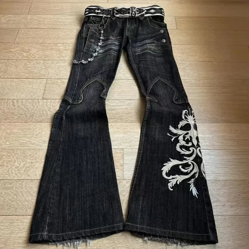 retro double waisted lace up micro flared pants streetwear Y2K washed high-quality design sense