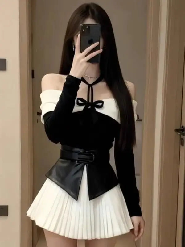 French Style One-Shoulder Butterfly Knot Waist Seal Splice Slit Slimming Half Skirt Set Sweet Lolita Top Bottom En