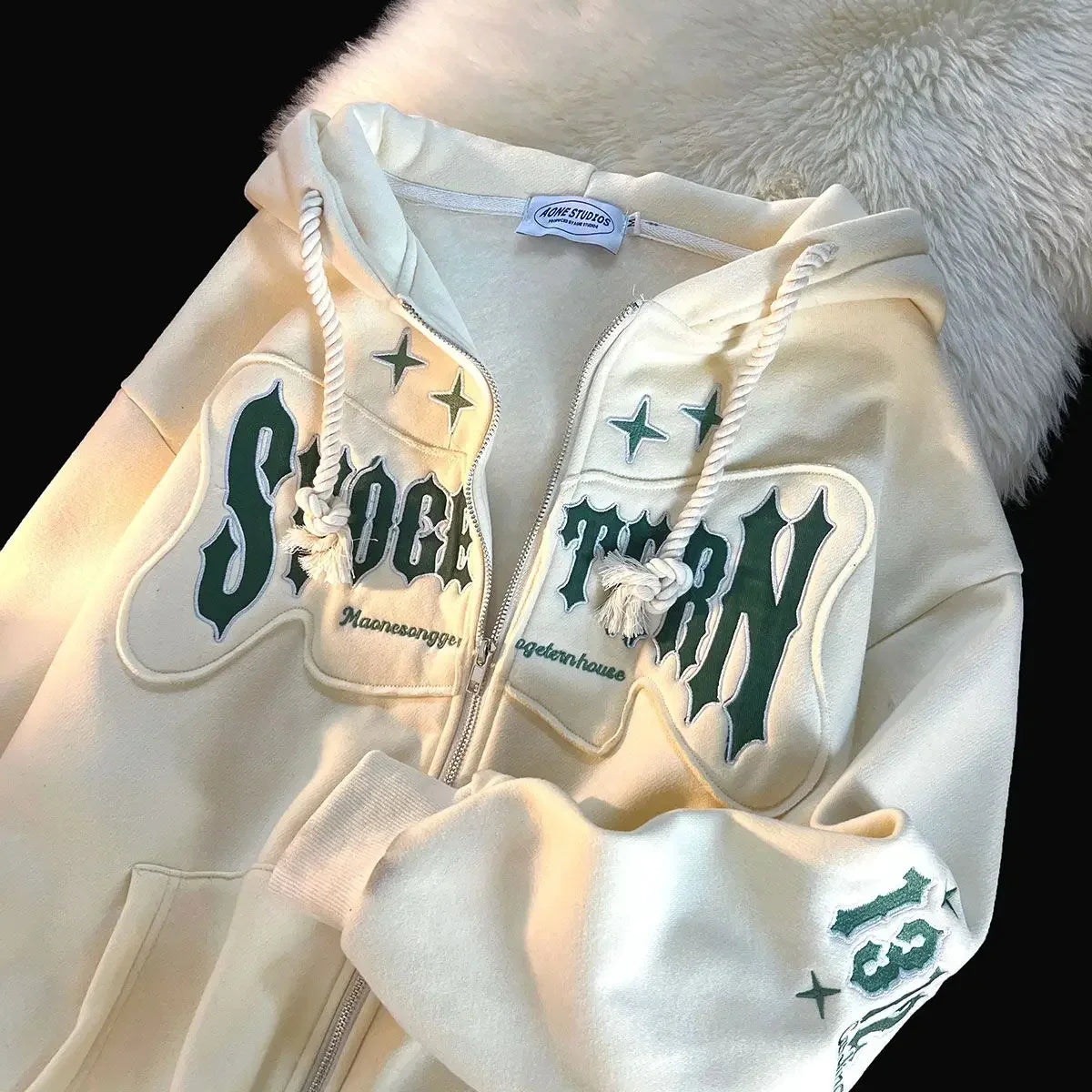 American Style Flocking Letter Embroidery Cardigan Hooded Sweater Plus Fleece Loose Trendy Couple Jacket