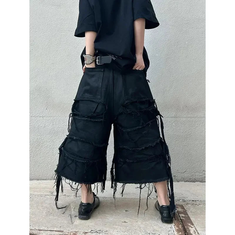 Harajuku Vintage High Waist Black Retro Washed Denim Shorts Gothic Casual Loose Y2K Streetwear Mid Long Short
