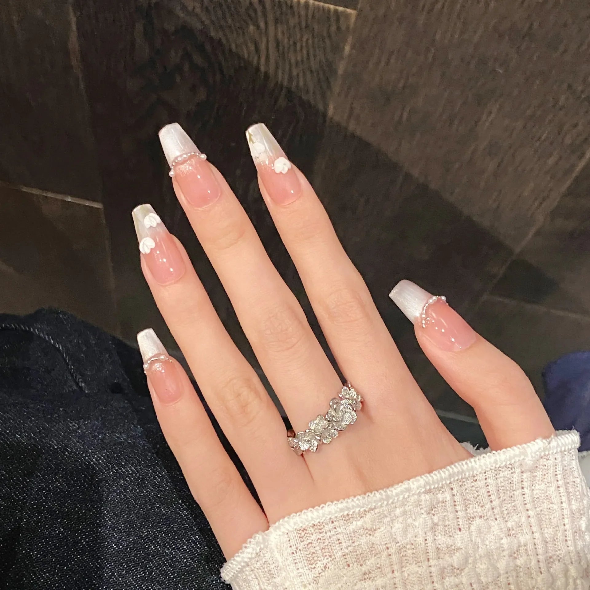 10pcs Simple Handmade Fake Nail Tip Gradient Pink Design False Nail Art Reusable French Cat's Eye Mid-length Oval Press on Nails